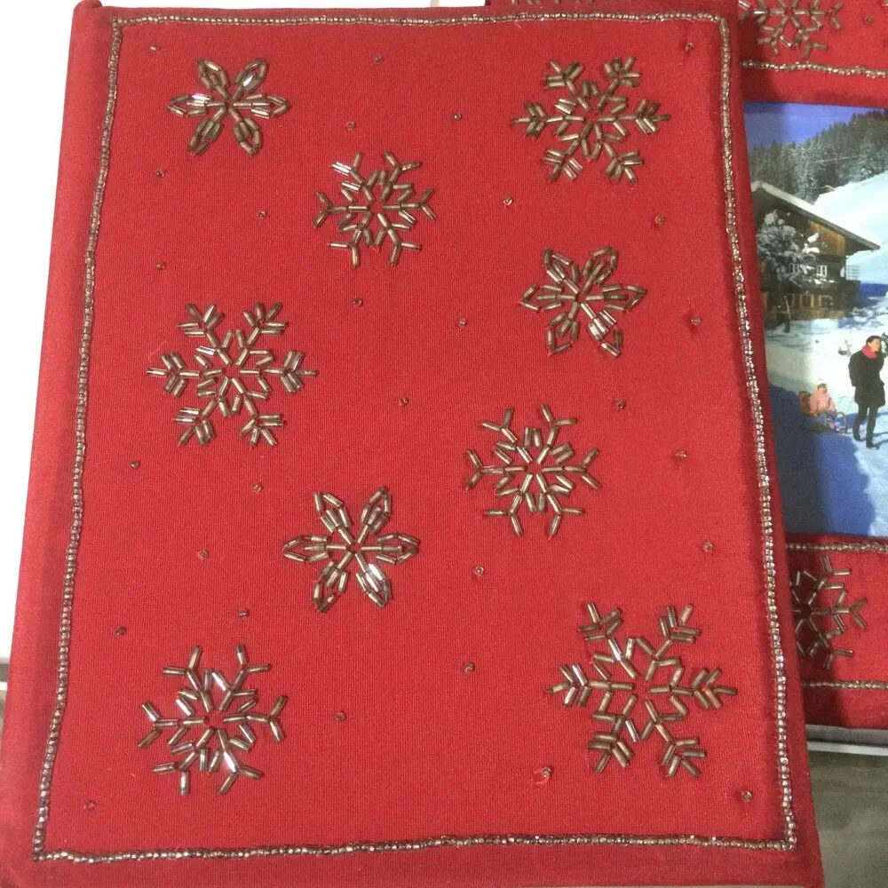 Vintage Deluxe Embroidered Red Velvet Snowflake Journal & Picture Frame Set NOS